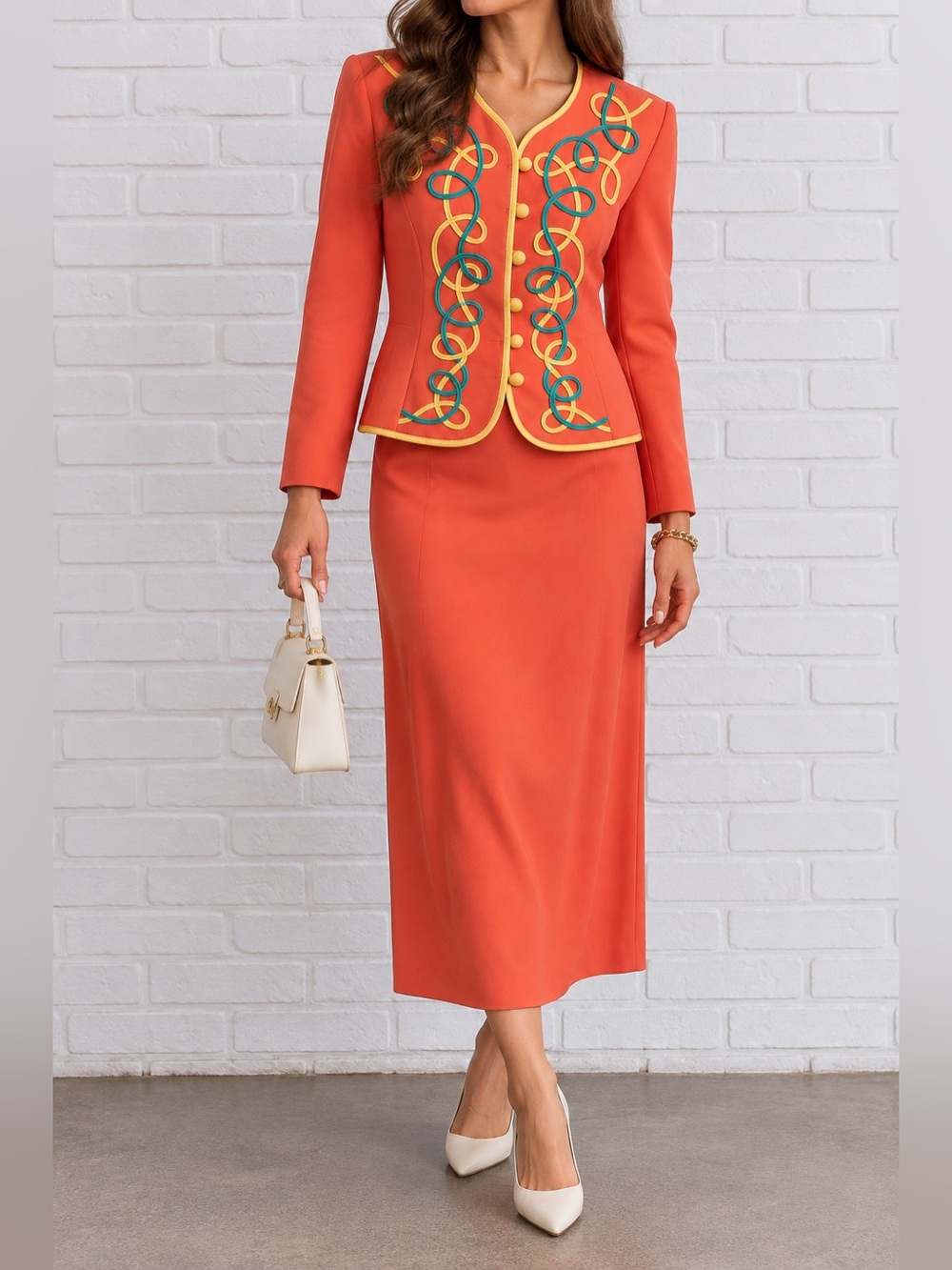 Vintage Howard Wolf Skirt Suit 8 Coral Soutache Embroidered Made USA